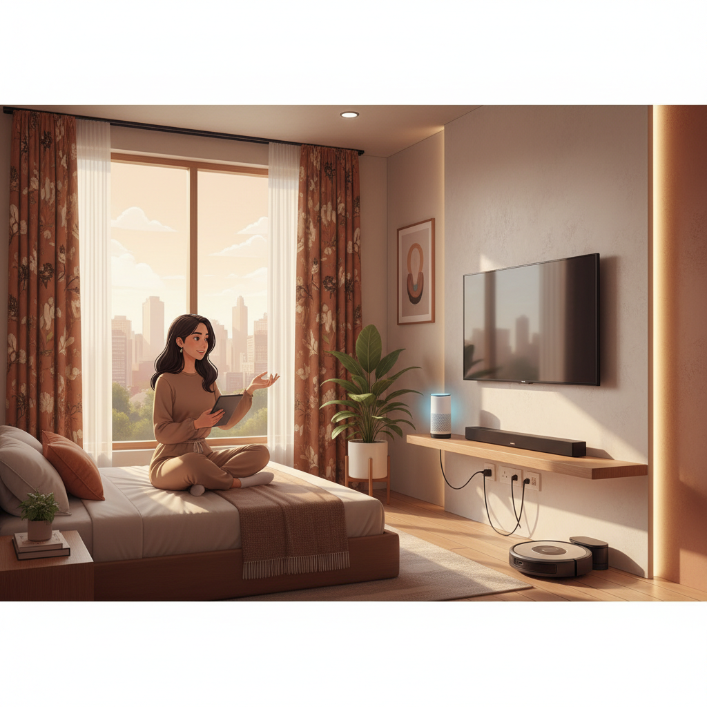 modern smart home kos room with integrated smart devices and a person interacting with a smart assis