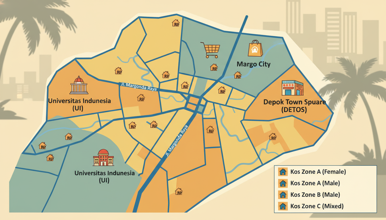 Detailed map of Margonda Depok showing key landmarks like UI, Margo City, Detos, and different zones