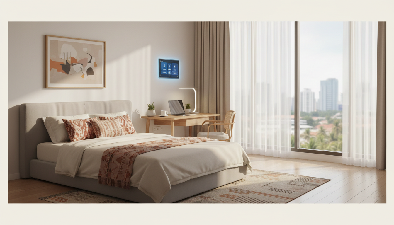 Modern and clean kos room interior with a study desk, comfortable bed, and smart home control panel 