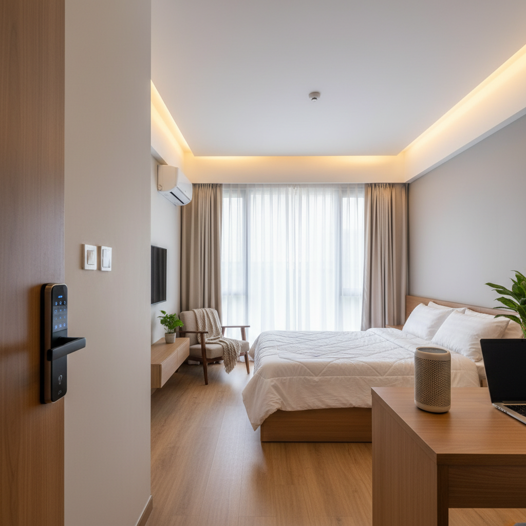 Kamar kos modern dengan perangkat smart home IoT terintegrasi, smart lock, lampu LED, dan kontrol AC digital