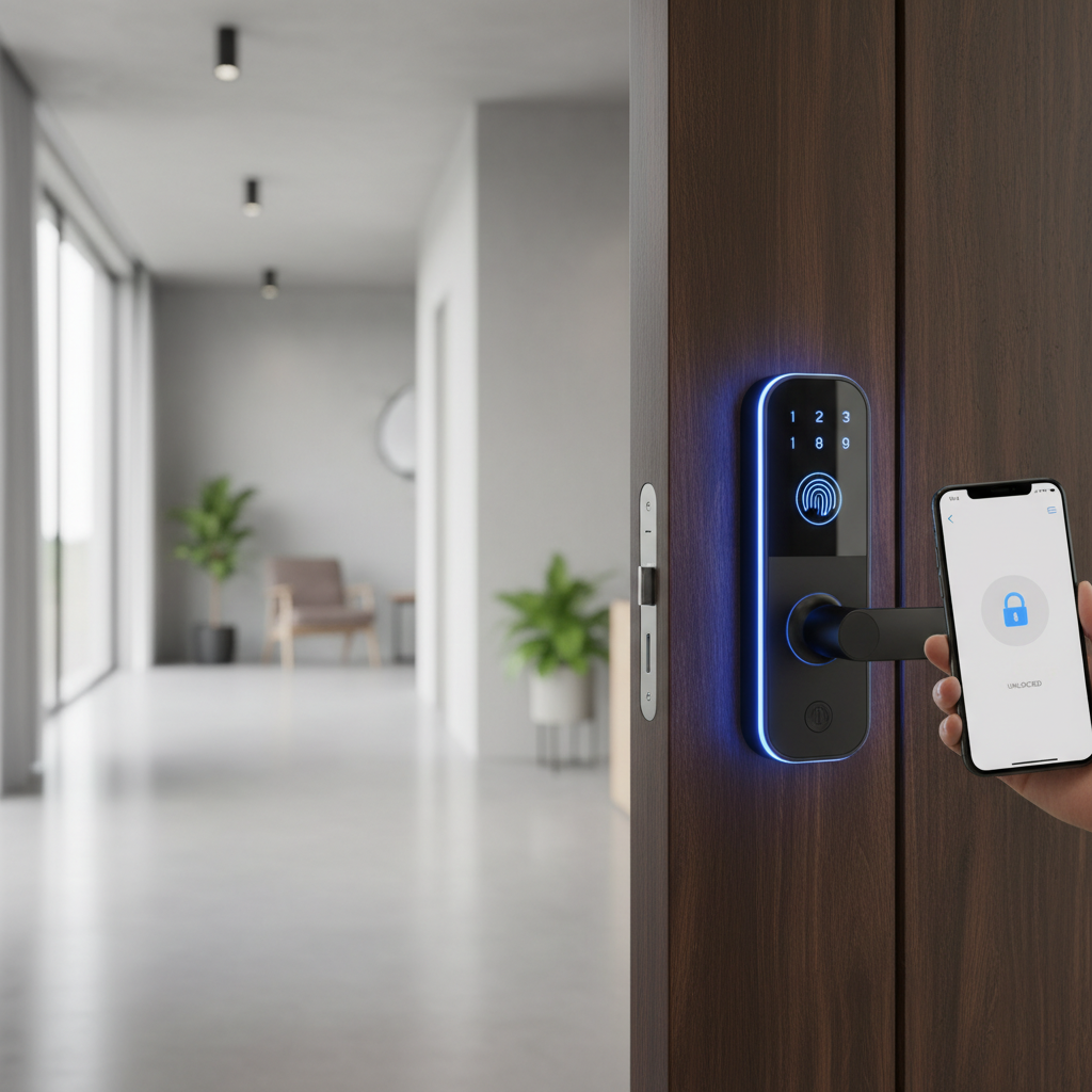 Close-up smart lock digital pada pintu kamar kos dengan akses fingerprint dan kontrol via smartphone