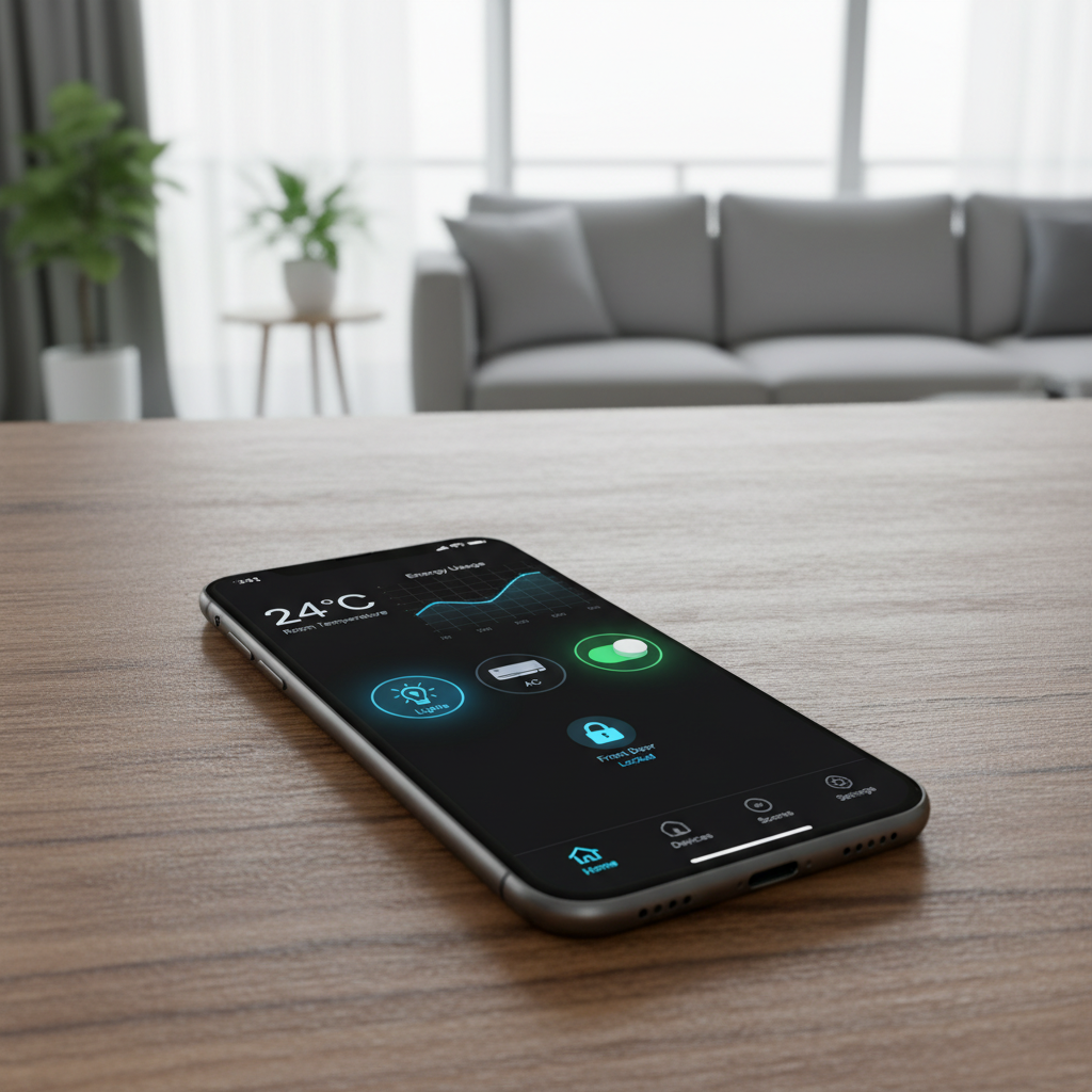 Dashboard aplikasi smart home menampilkan kontrol suhu, penggunaan energi, dan status perangkat IoT kamar kos
