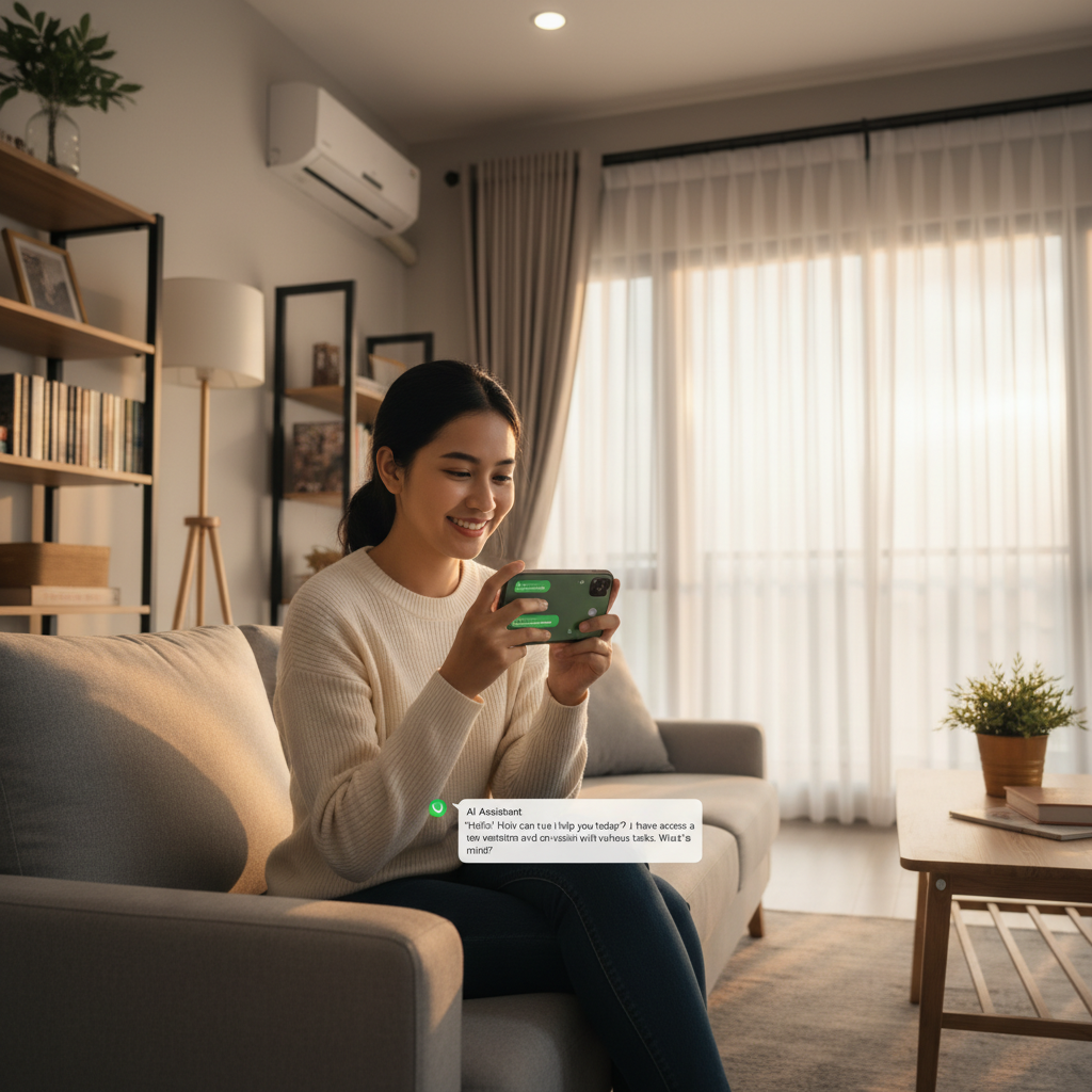 Penghuni kos menggunakan WhatsApp AI agent untuk berkomunikasi dengan asisten virtual di kamar kos modern
