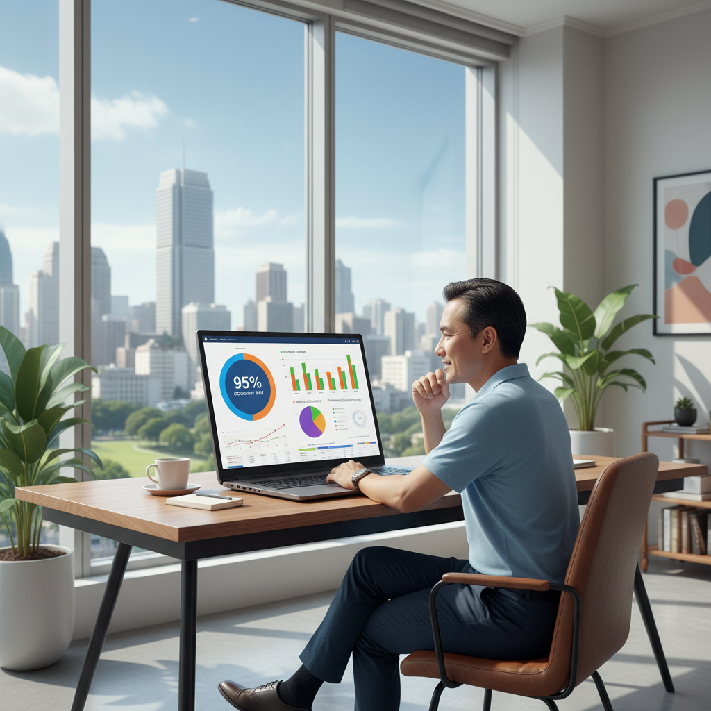 Pemilik kos melihat dashboard analytics dengan data okupansi, kepuasan penghuni, dan metrik performa layanan