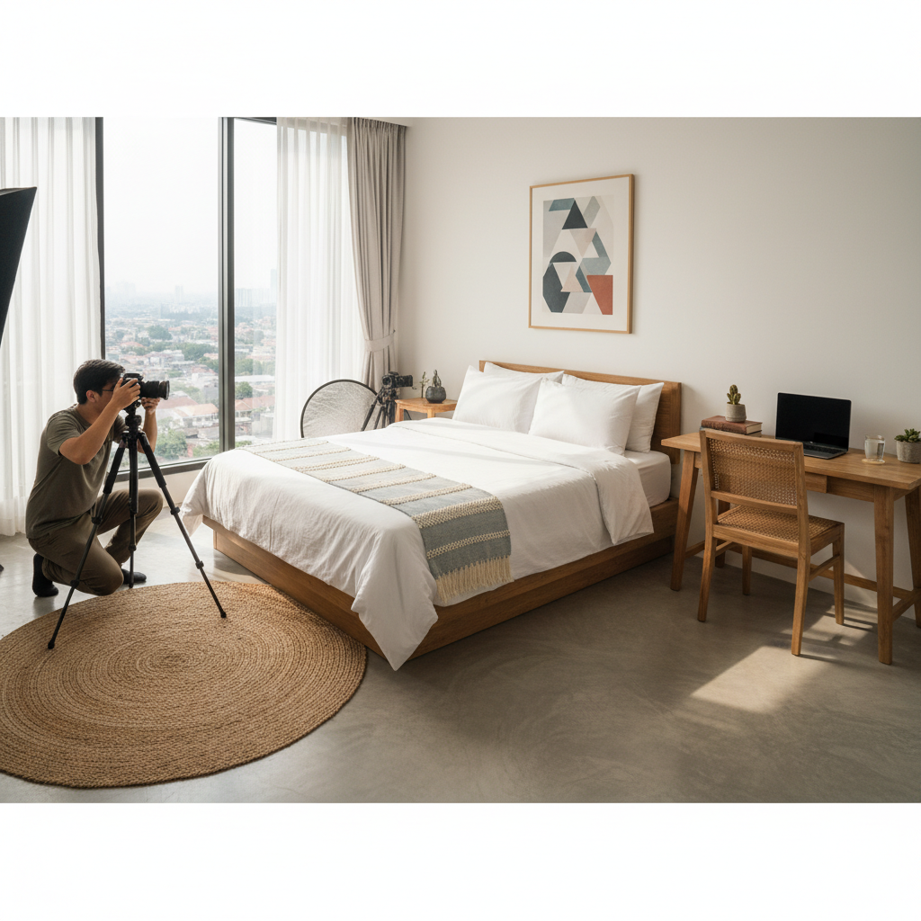 Fotografer profesional memotret kamar kos modern yang tertata rapi dengan pencahayaan natural untuk listing online