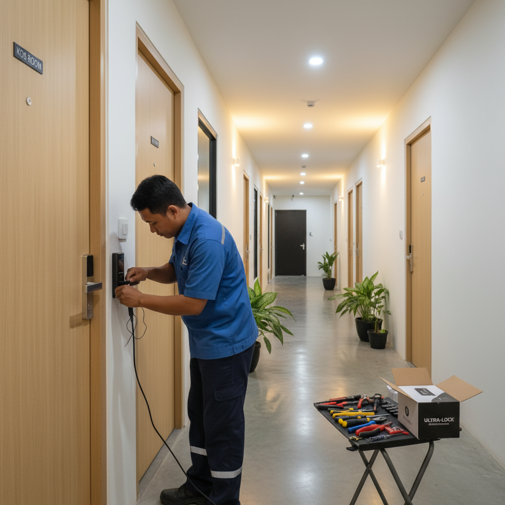 Teknisi memasang smart lock digital pada pintu kamar kos sebagai bagian dari upgrade smart home
