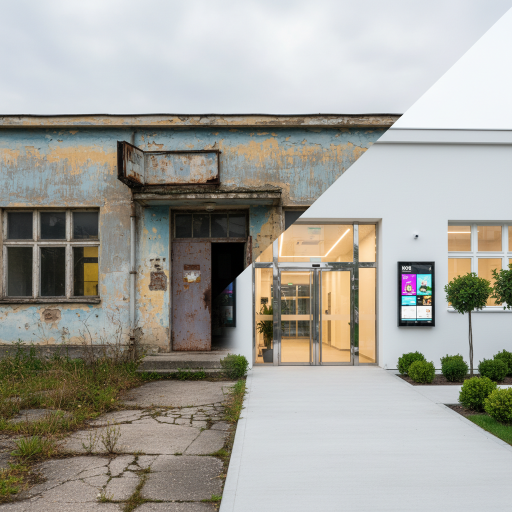Perbandingan before dan after renovasi bangunan kos dari tampilan lama ke modern dengan fasad baru dan pencahayaan bagus