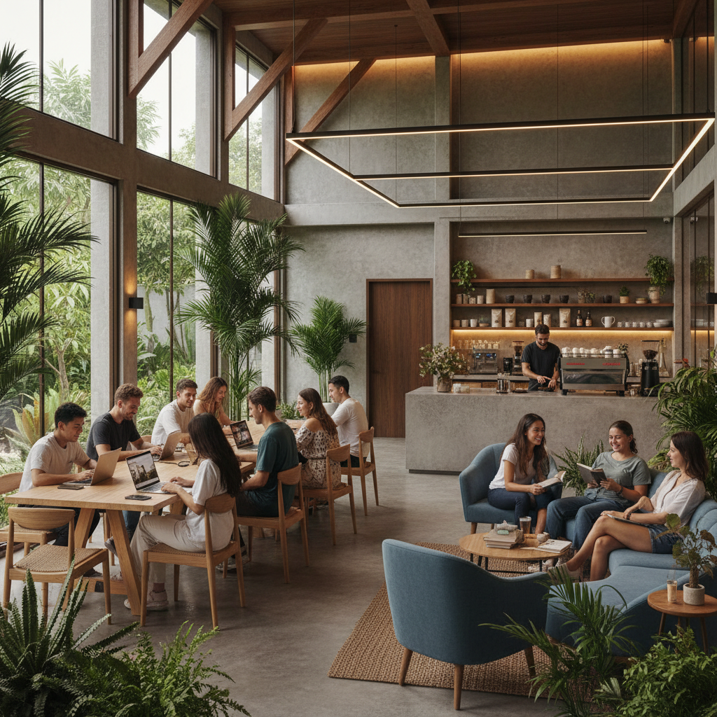 Ruang komunal coliving modern dengan profesional muda bekerja bersama, area sofa nyaman, dan coffee bar