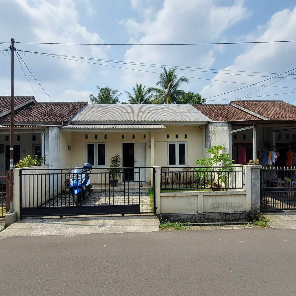 Rumah kontrakan khas Indonesia dengan halaman kecil, motor parkir di depan, dan teras sederhana