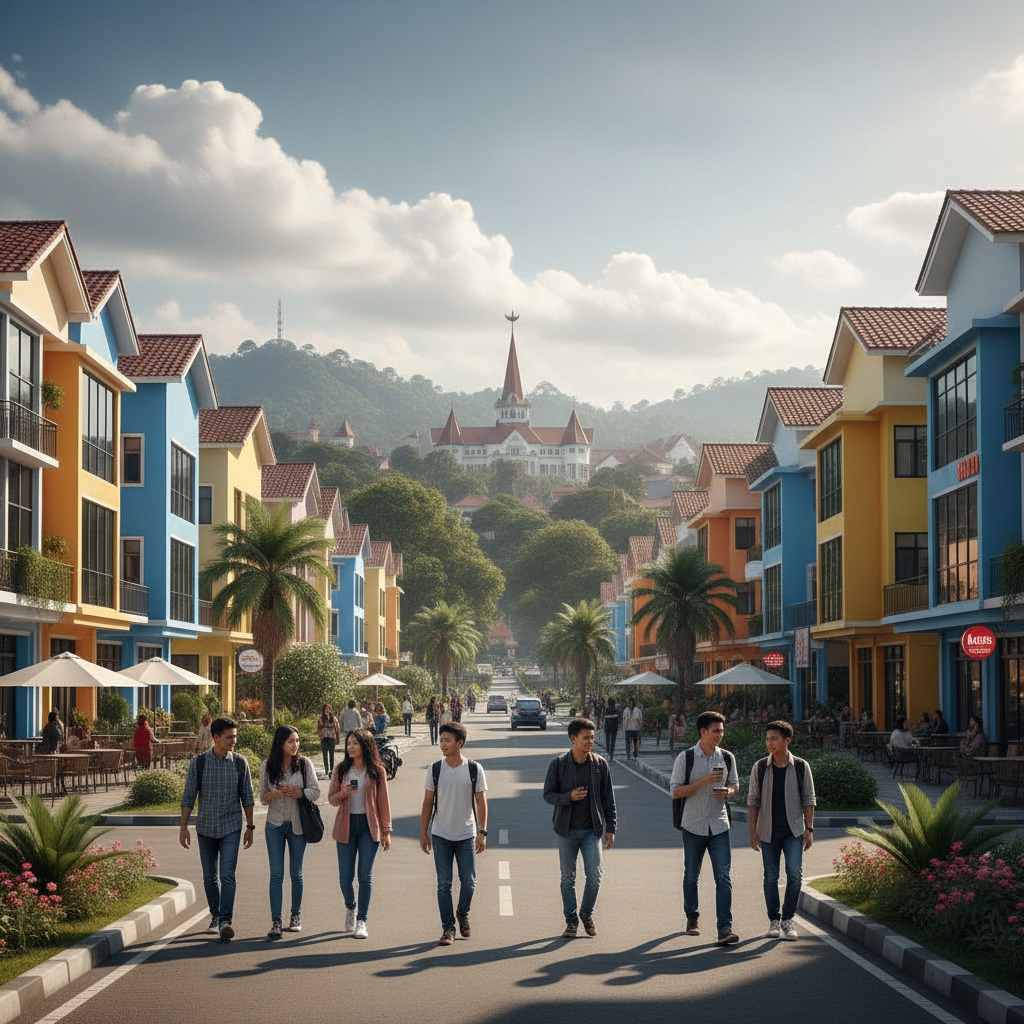 Pemandangan kota Bandung dengan area kampus, kafe mahasiswa, dan bangunan kos modern di antara perbukitan hijau