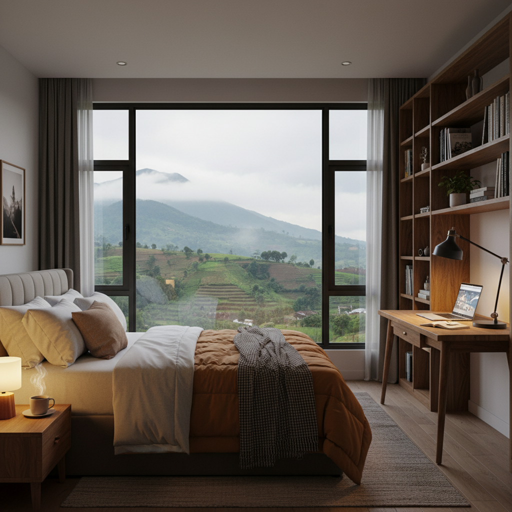 Kamar kos premium di Bandung dengan jendela menghadap pemandangan perbukitan hijau, meja belajar nyaman, dan suasana sejuk