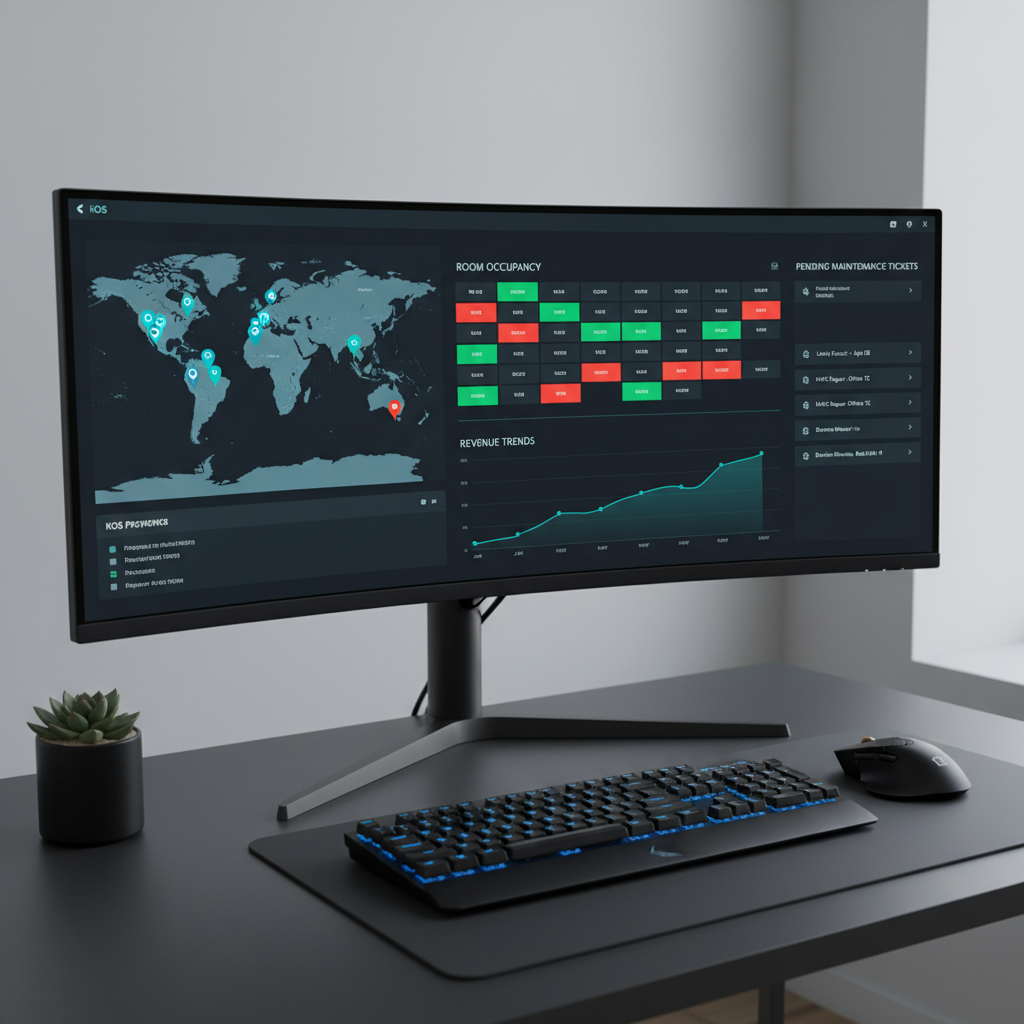 Dashboard property management menampilkan peta lokasi properti, status okupansi kamar, grafik revenue, dan tiket maintenance