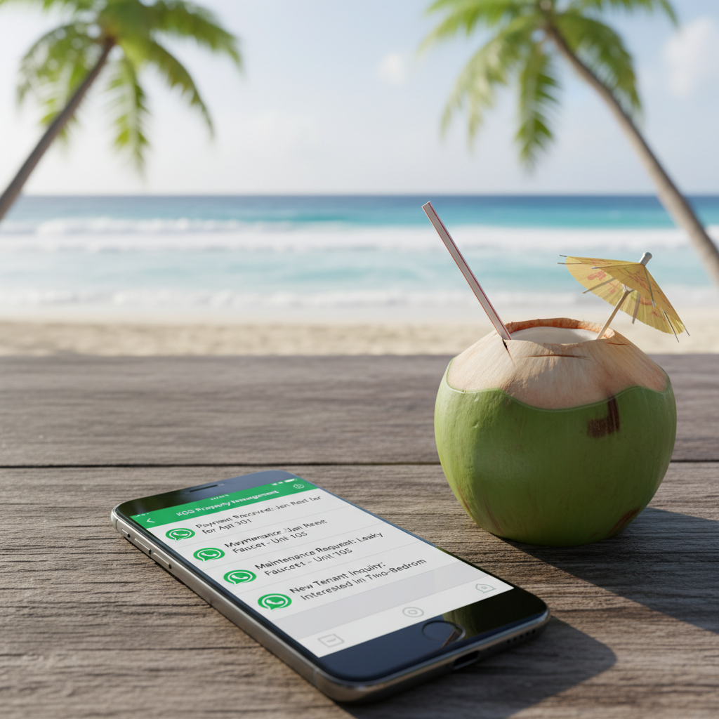 Smartphone menampilkan notifikasi WhatsApp tentang manajemen kos saat pemilik sedang berlibur di pantai