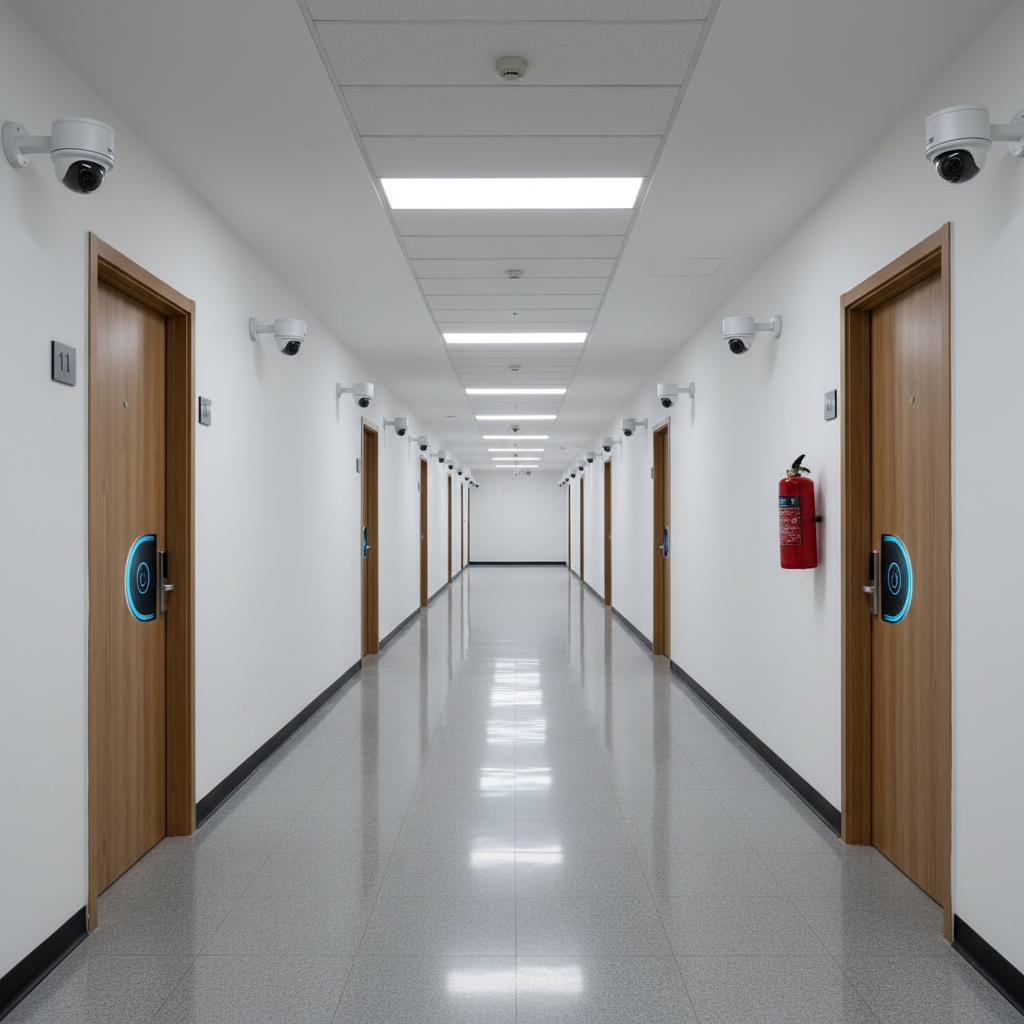 Koridor kos modern yang aman dengan CCTV, pencahayaan LED terang, dan smart lock digital di setiap pintu kamar