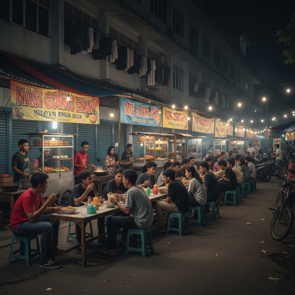 Warung makan kaki lima dekat area kos di Jakarta dengan mahasiswa menikmati nasi goreng dan mie ayam di malam hari
