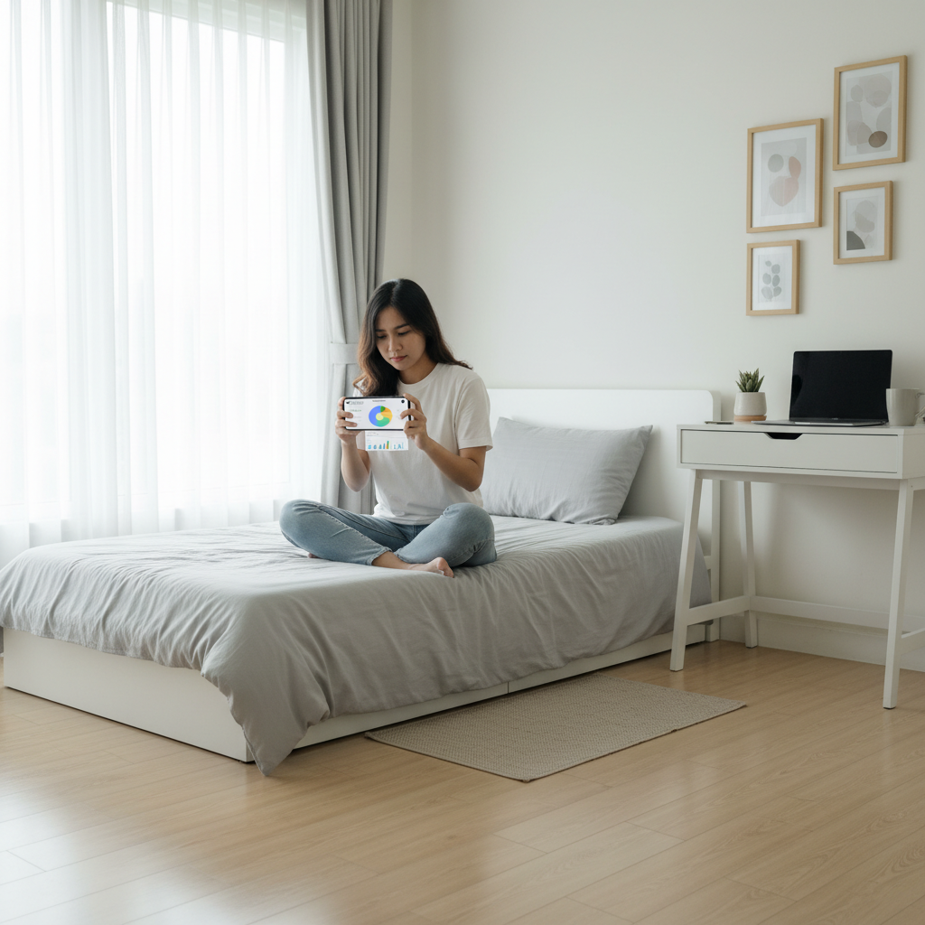Anak kos menggunakan aplikasi budgeting di smartphone untuk tracking pengeluaran bulanan