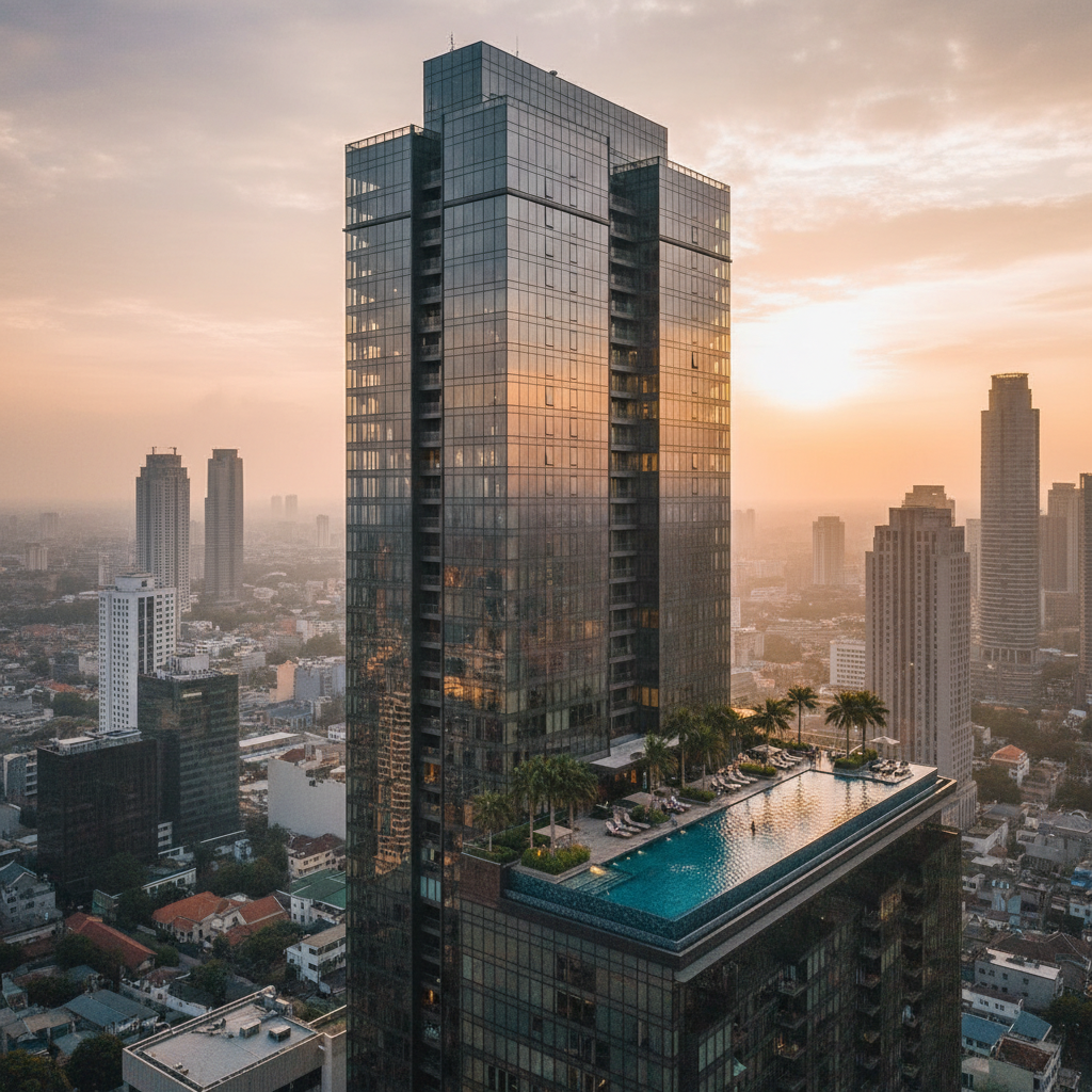 Gedung apartemen mewah di Jakarta dengan fasad kaca dan kolam renang rooftop, suasana golden hour