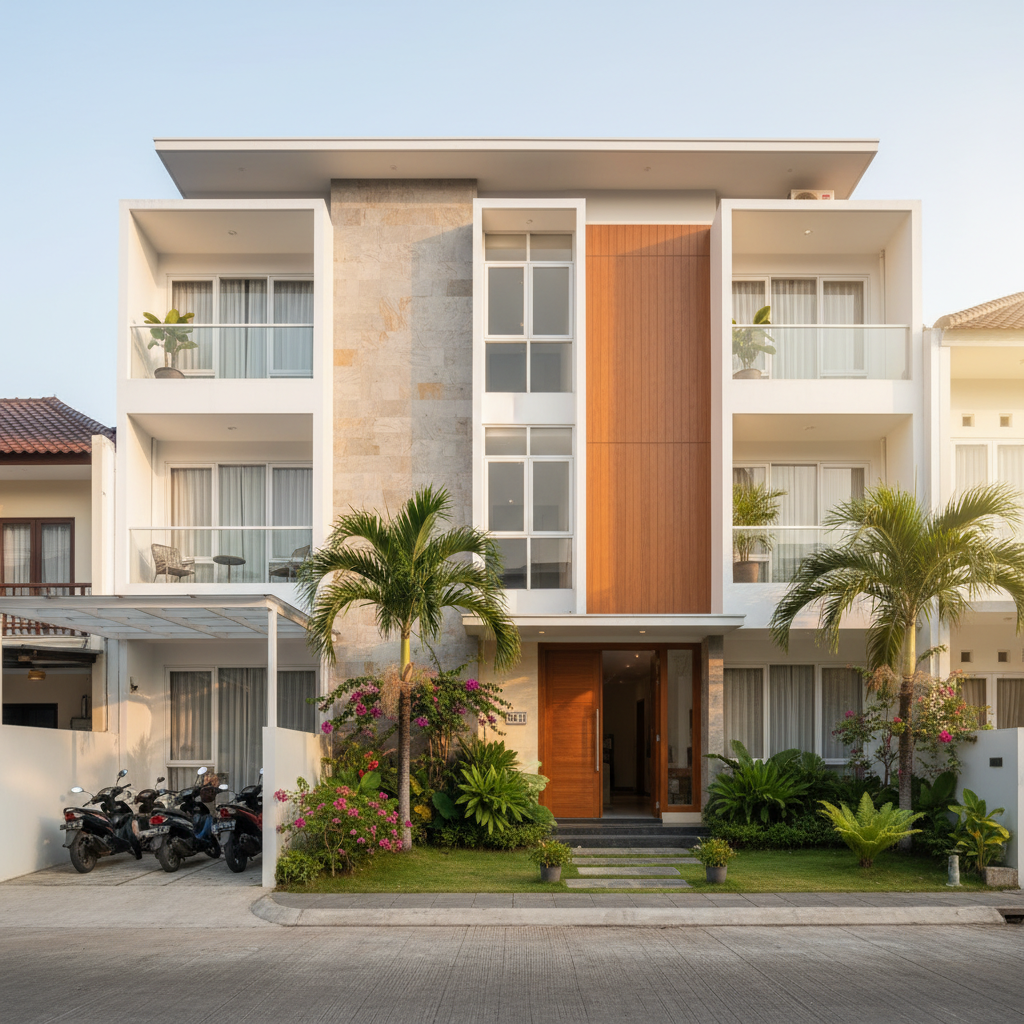 Bangunan kos premium modern di Indonesia, tiga lantai dengan arsitektur kontemporer, taman depan, dan area parkir