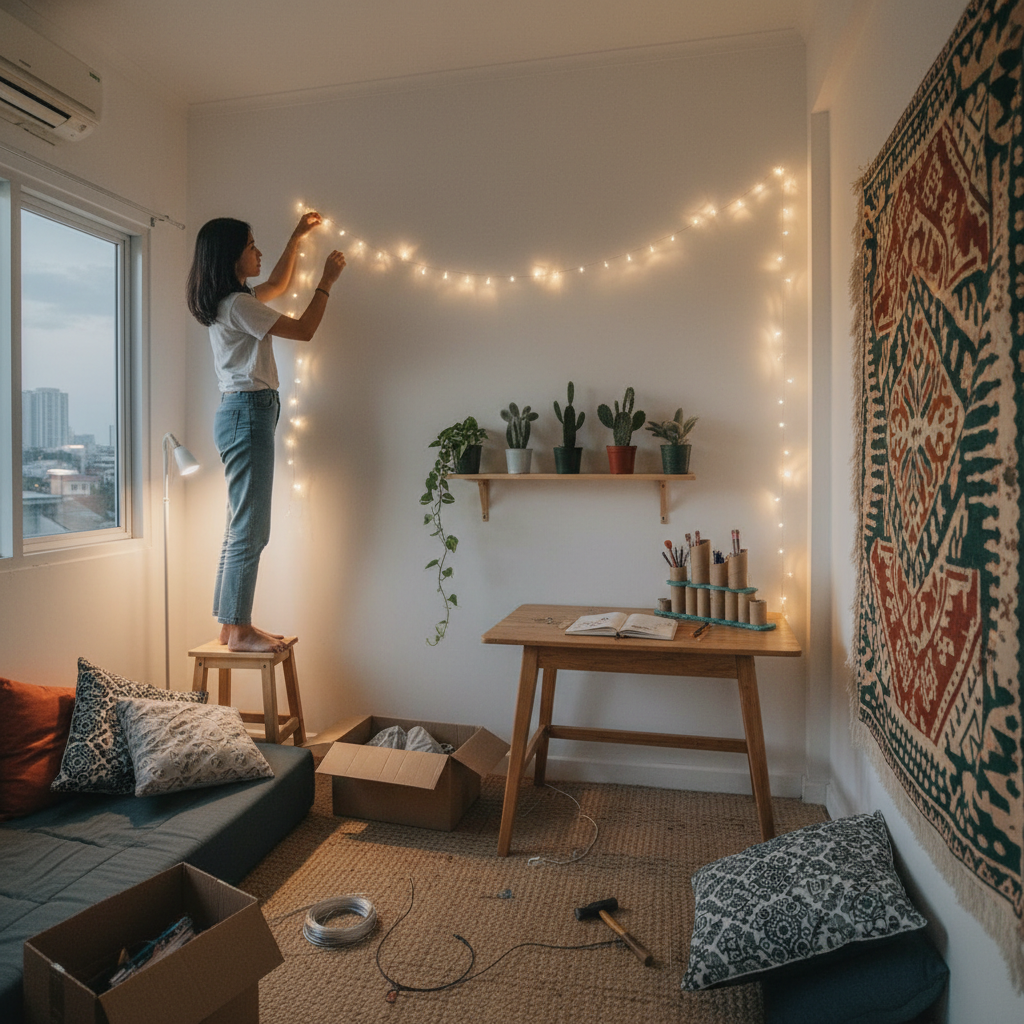 Anak kos mendekorasi kamar dengan memasang fairy lights di dinding, menata tanaman di rak, dan menambahkan wall decor