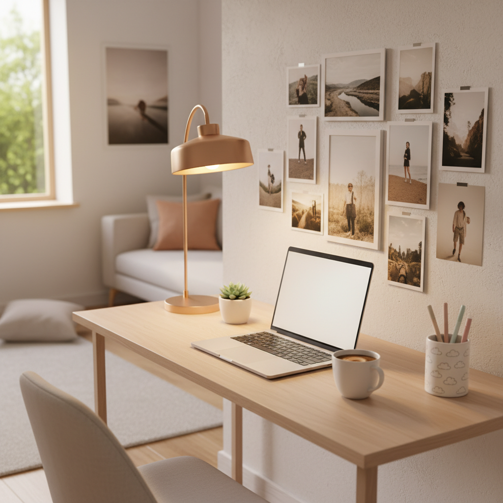 Meja belajar aesthetic di kamar kos dengan laptop, tanaman sukulen, desk lamp, dan organizer rapi