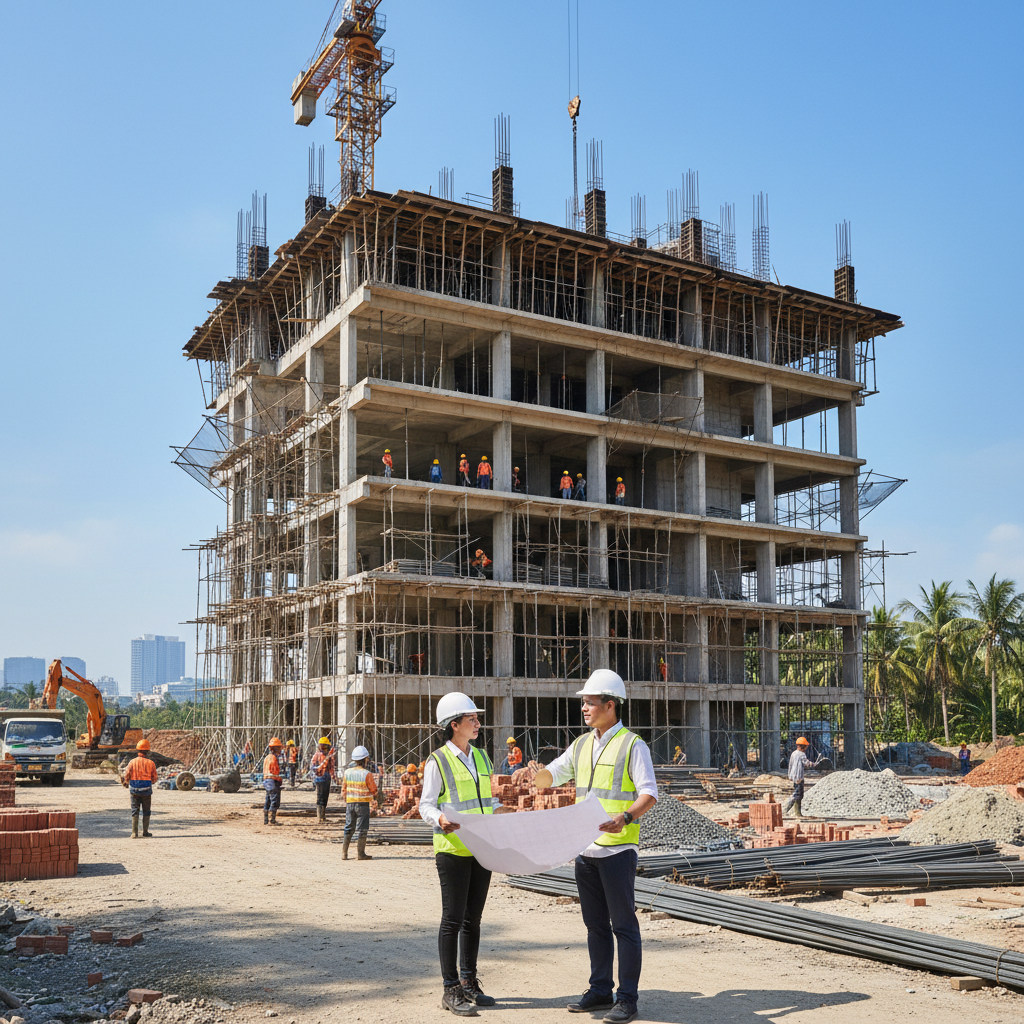 Pembangunan gedung kos baru dengan struktur beton, pekerja konstruksi, dan arsitek berdiskusi dengan pemilik