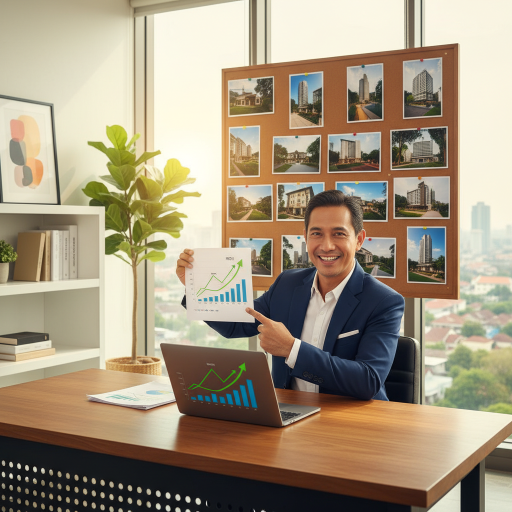 Investor properti kos-kosan mereview dokumen keuangan dengan grafik ROI positif di laptop