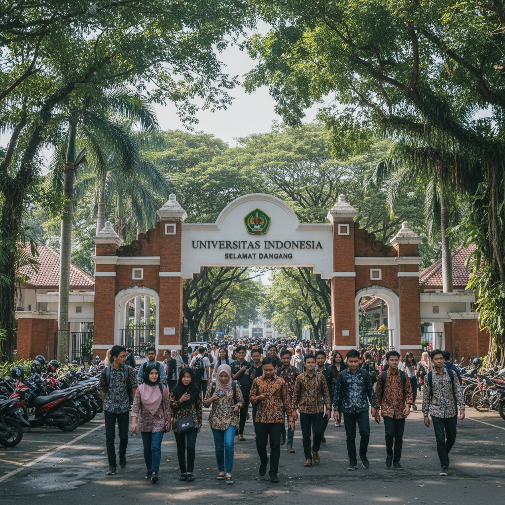 Suasana kampus universitas di Pontianak dengan mahasiswa berjalan di area hijau yang rindang