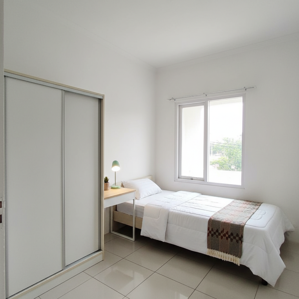 Interior kamar kos terjangkau yang bersih dan rapi di Pontianak dengan meja belajar dan lemari built-in