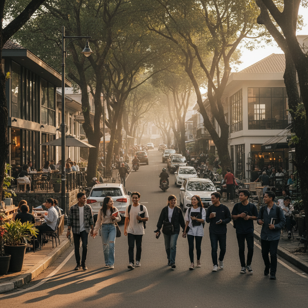 Suasana jalan Dago Bandung dengan kafe-kafe trendi dan mahasiswa berlalu-lalang di sore hari