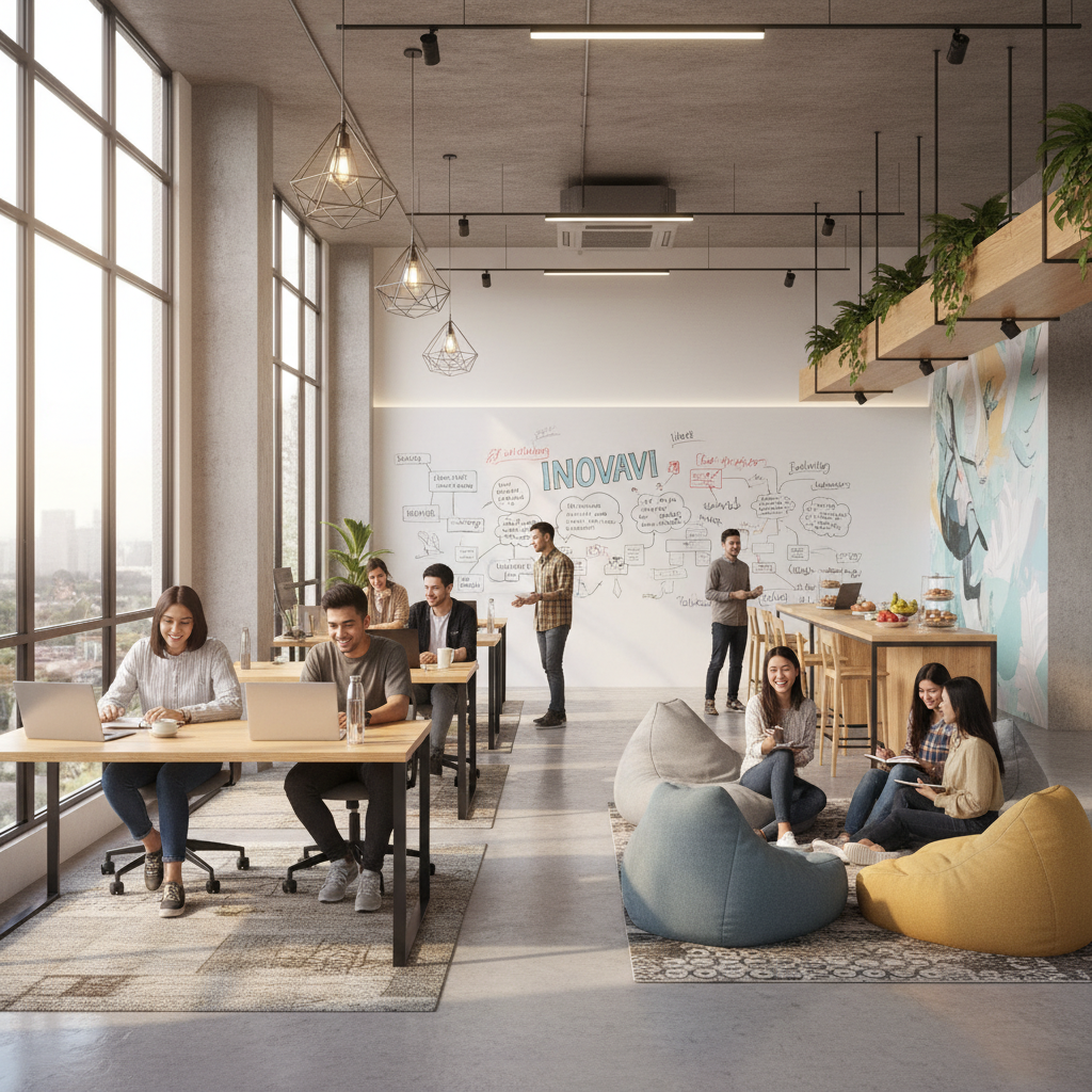 Ruang komunal modern di coliving space Indonesia dengan profesional muda bekerja dan bersosialisasi
