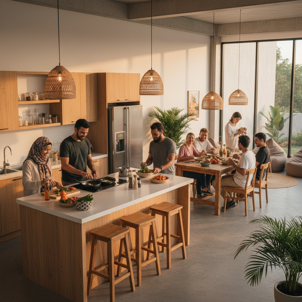 Dapur bersama dan area makan di coliving space Indonesia dengan suasana hangat dan komunal