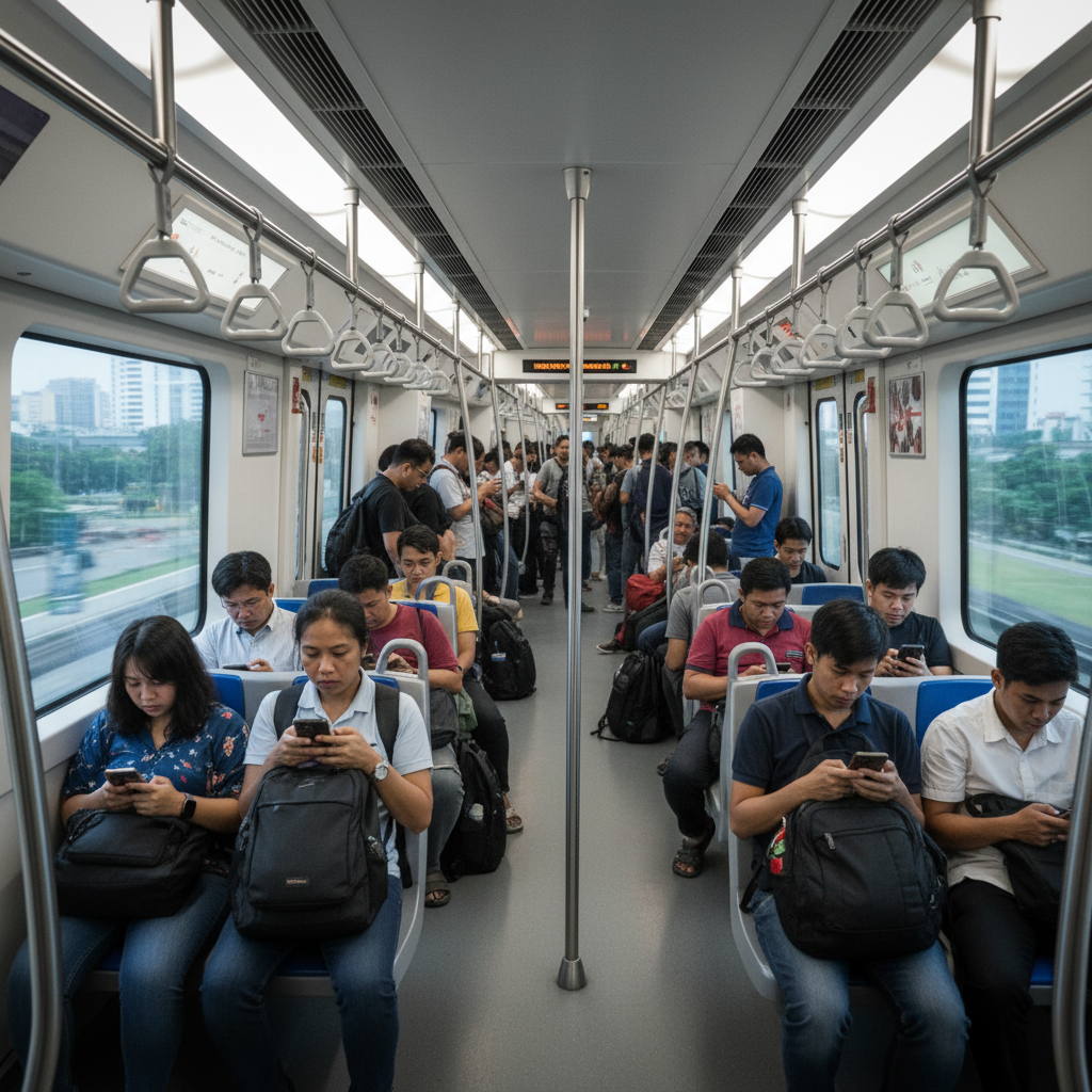 Penumpang commuter line di dalam kereta modern yang bersih pada jam sibuk pagi