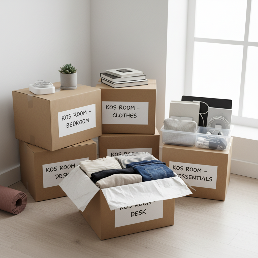 Kotak-kotak packing yang tertata rapi dengan label untuk pindah kos, pakaian terlipat rapi dan barang-barang esensial