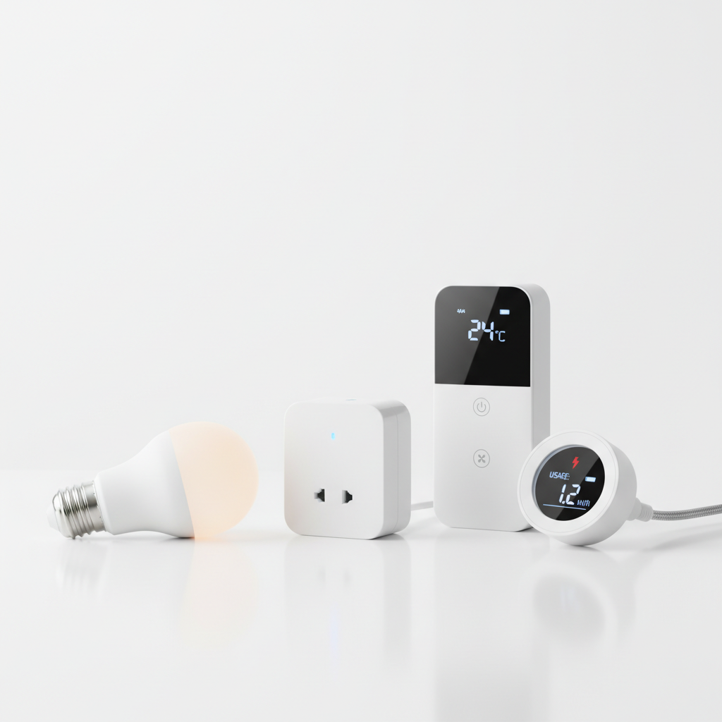 Berbagai perangkat smart home di atas meja putih: smart plug, lampu LED pintar, kontrol AC smart, dan energy monitor