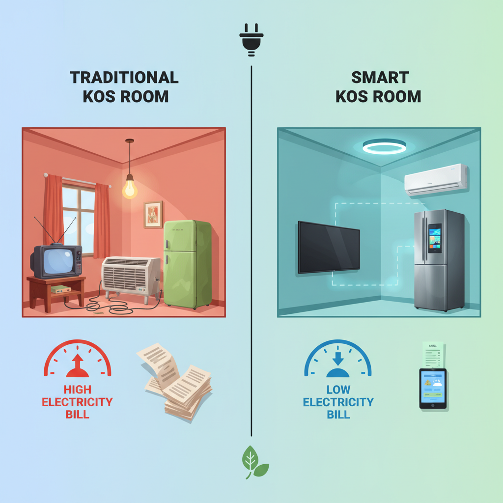 Perbandingan kamar kos biasa dengan tagihan tinggi vs kamar kos smart home dengan tagihan hemat