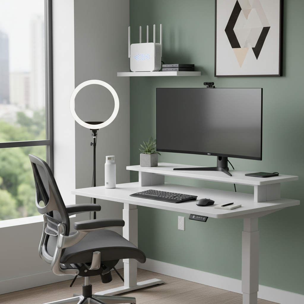 Digital nomad bekerja di kamar kos modern dengan setup dual monitor, meja ergonomis, dan pemandangan kota dari jendela