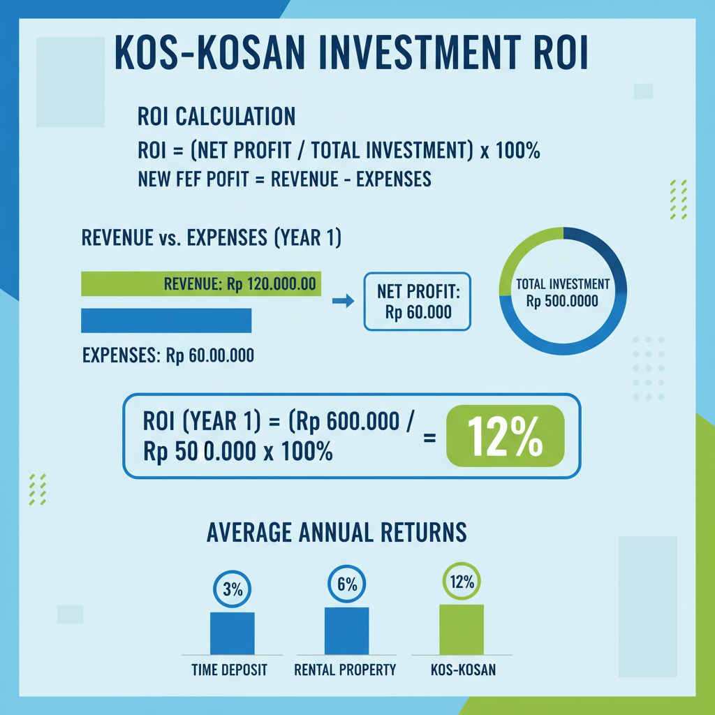 Infografik perhitungan ROI bisnis kos-kosan dengan grafik batang perbandingan pendapatan vs pengeluaran