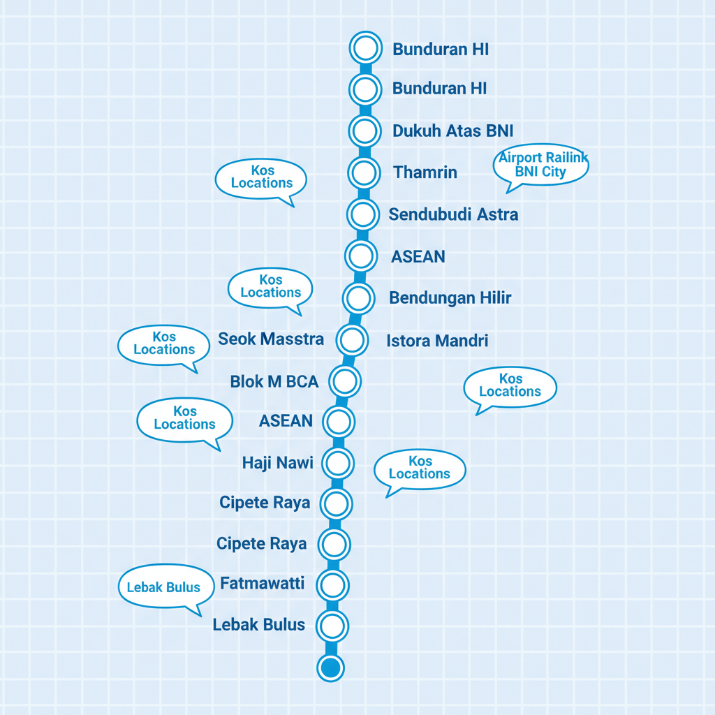 Peta rute MRT Jakarta dengan area kos di sekitar setiap stasiun dari Lebak Bulus hingga Bundaran HI