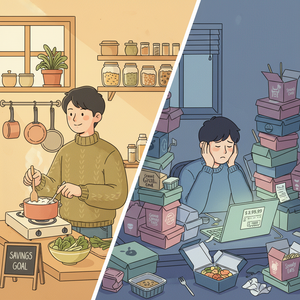 Perbandingan visual antara masak sendiri di dapur kos yang hemat biaya dengan tumpukan kotak makanan delivery yang mahal