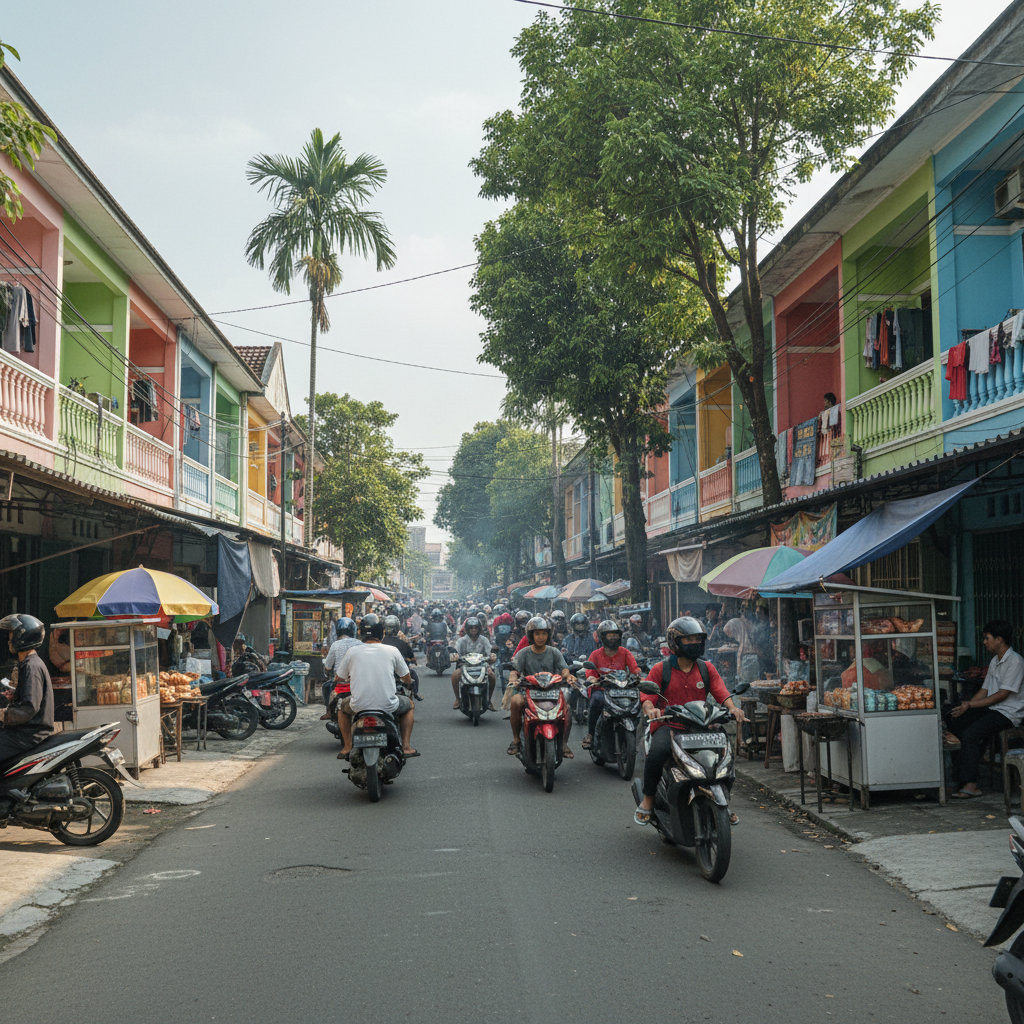 Suasana area Ciwaruga dekat Polban Bandung dengan deretan rumah kos, mahasiswa berkendara motor, dan warung makan kecil di pinggir jalan
